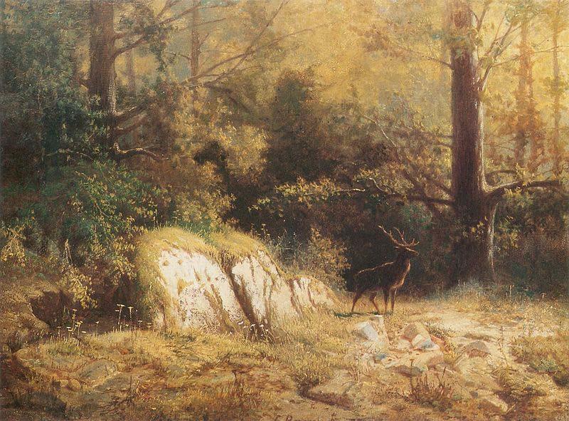 unknow artist Forest landscape with a deer. China oil painting art